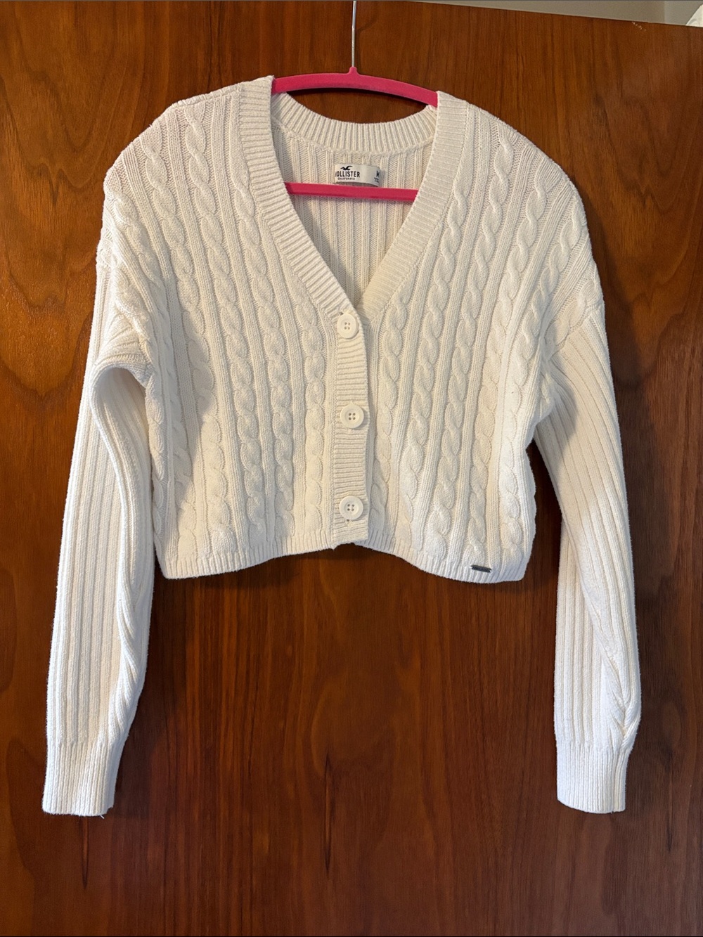 Hollister White Cable-Knit Cropped Button Cardigan